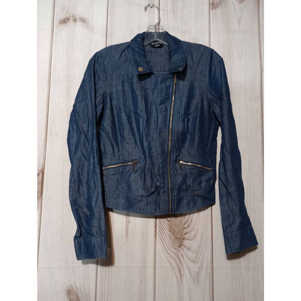 Bebe Blue Lyocell Denim Moto Jacket Gold Zip Smocked Waist Women Small